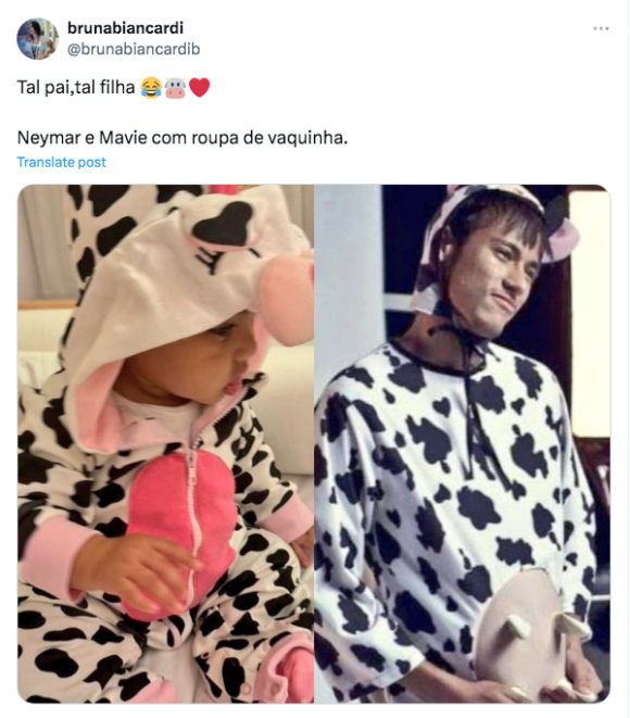 Vídeo de Mavie encantou a internet e fãs de Neymar, que resgataram uma foto antiga e hilária do jogador com a mesma fantasia