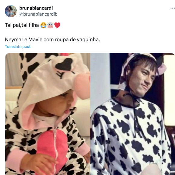 Vídeo de Mavie encantou a internet e fãs de Neymar, que resgataram uma foto antiga e hilária do jogador com a mesma fantasia
