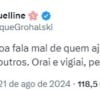 Jaquelline postou: 'Se a pessoa fala mal de quem ajudou a se levantar imagina o que não fará com outros. Orai e vigiai, pessoas mau caráter se combinam'