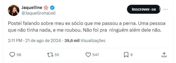 Jaquelline se pronunciou e garantiu que a indireta era para um ex-sócio: 'Uma pessoa que não tinha nada, e me roubou. Não foi pra ninguém além dele'