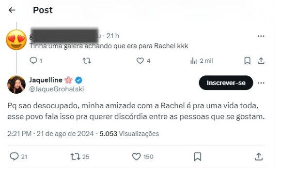 Jaquelline também respondeu um seguidor, que mencionou que a postagem foi direcionada à Rachel Sheherazade: 'São desocupados, minha amizade com a Rachel é pra uma vida'