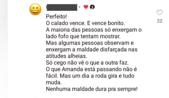 Amanda Kimberlly deu like em comentário que dizia: 'Só cego não vê o que a outra faz. O que Amanda está passando não é fácil'