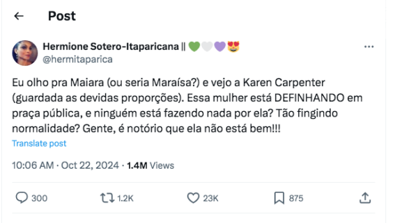 No X, antigo Twitter, Karen Carpenter está sendo comparada com a cantora Maiara, constantemente criticada por sua magreza