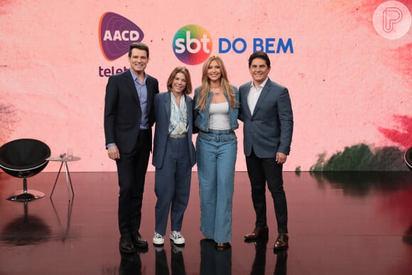 Virgínia Fonseca, Celso Portiolli, Cesar Filho e Daniela Beyruti (filha de Silvio Santos) se reuniram em coletiva do 'Teleton' no SBT