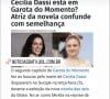 Nos stories do Instagram, Cecilia comentou a respeito dessa comparação da web, e até falou que pode ser devido à caracterização, já que 'lembra Mirella'.