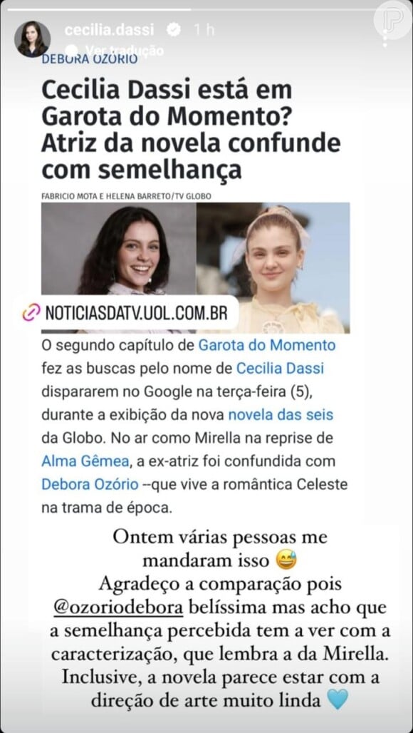 Nos stories do Instagram, Cecilia comentou a respeito dessa comparação da web, e até falou que pode ser devido à caracterização, já que 'lembra Mirella'.