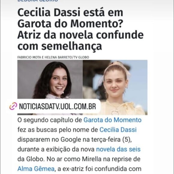 Nos stories do Instagram, Cecilia comentou a respeito dessa comparação da web, e até falou que pode ser devido à caracterização, já que 'lembra Mirella'.