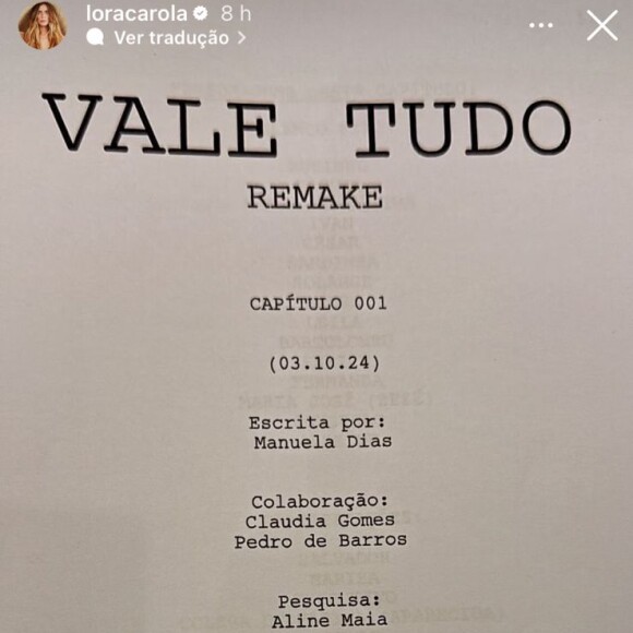 Carolina Dieckmann publicou uma foto no Instagram confirmando sua participação em 'Vale Tudo'