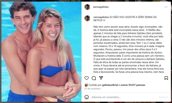 Adriane Galisteu curtiu publicação que dizia: 'O que está acontecendo é um ato de censura a Adriane Galisteu. Falta de ética de todas as partes envolvidas nessa série. Um crime'