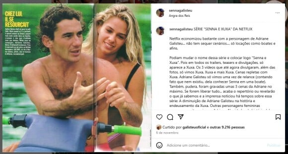 'Podiam mudar o nome dessa série e colocar logo 'Senna e Xuxa'', diz mais uma publicação que ganhou like de Adriane Galisteu 