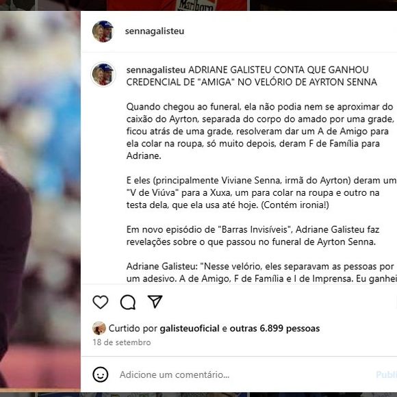 Adriane Galisteu também curtiu publicação que relembrava o tratamento dado a ela no funeral de Ayrton Senna e alfinetava Xuxa