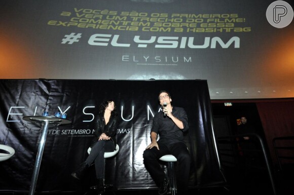Wagner Moura e Alice Braga conversam com jornalistas e fãs após a exibição de 10min do longa 'Elysium', em 8 de abril de 2013