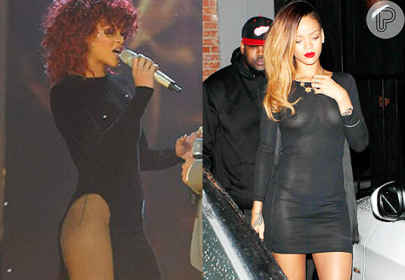 A mega popstars Rihanna também não ficou fora dessa. Em uma apresentação de um reality show musical, a Diva, ainda ruiva, usou um longo com o corte da fenda bem alta no quadril. Em outro momento, ela simplismente abdicou do sutiã e desfilou seu belo colo. Poderosa!