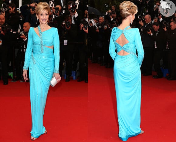 A estrela Jane Fonda usa decotes irregulares no Festival de Cannes