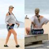 Luana Piovani faz exercícios durante gravidez de gêmeos e se alonga na praia do Leblon, no Rio, nesta quinta-feira, 7 de maio de 2015