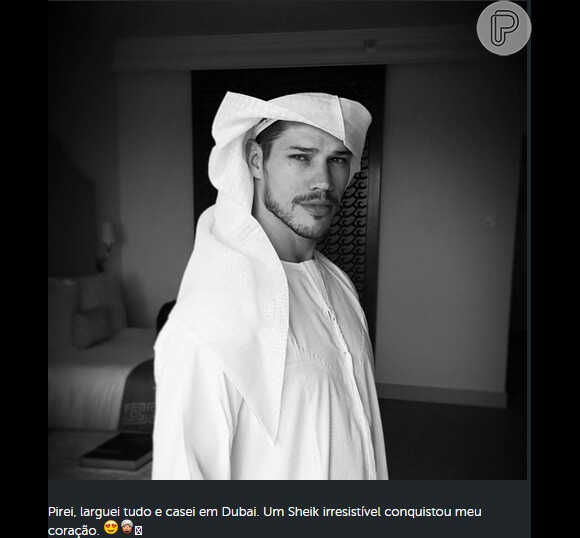 Débora Nascimento brincou com José Loreto, quando ele colocou trajes típicos dos Emirados Árabes: 'Pirei, larguei tudo e casei em Dubai. Um Sheik irrestível conquistou meu coração'