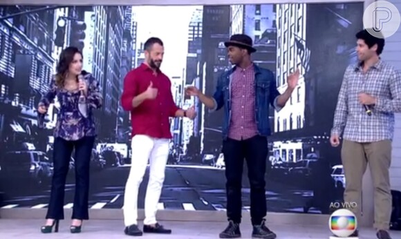 Malvino Salvador, a comediante Kéfera e Dudu Azevedo recebem instruções do dançarino Antoine Troupe no 'Encontro'