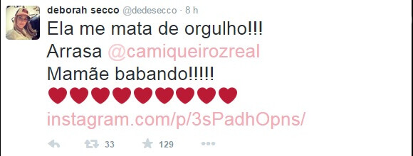 Camila Queiroz foi elogiada por Deborah Secco através do Twitter