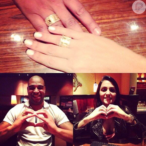 Adriano Imperador e Renata Fontes fazem coraçãozinho com as mãos e exibem as novas alianças de noivado em 2013