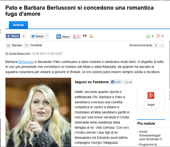 O site 'It.ibtimes' publica que Alexandre Pato e Barbara Berlusconi fazem uma romântica fuga de amor, se referindo às férias na Sardenha