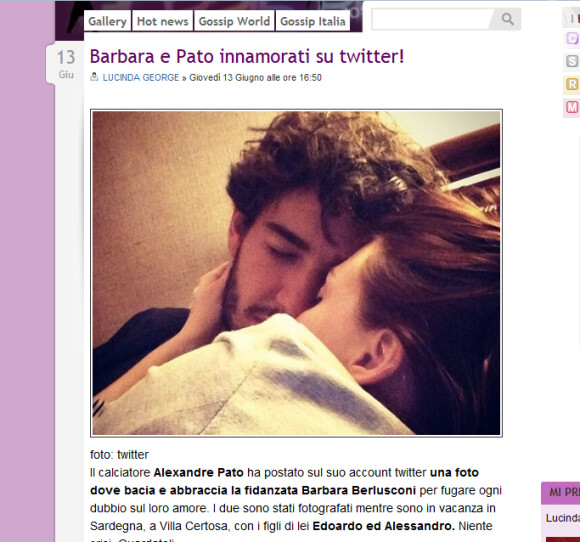 Site italiano anuncia que Alexandre Pato e Barbara Berlusconi aparecem apaixonados em foto no Twitter