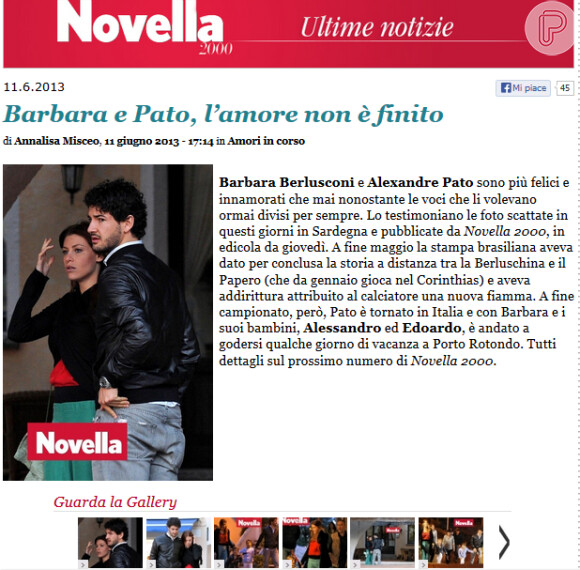 Alexandre Pato e Barbara Berlusconi são flagrados pela revista italiana 'Nouvella 2000' na Sardenha, antes do Dia dos Namorados, em junho de 2013
