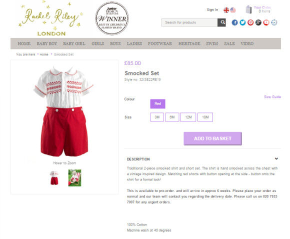Look da grife infantil Rachel Riley, usado pelo filho mais velho de príncipe William e Kate Middleton, é vendido no site da marca pelo valor de 85 libras, o equivalente a R$ 415