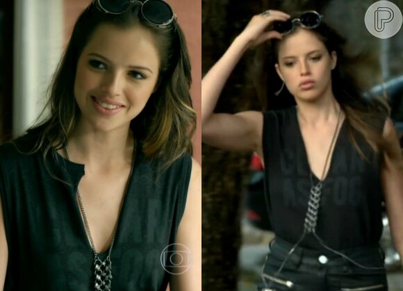 Giovanna (Agatha Moreira) usou body chain, acessório usado em cima da blusa, para visitar a agência de Fanny