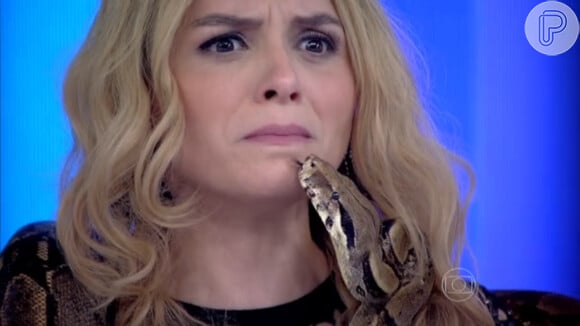A cobra se enrolou no pescoço de Monica e chegou a colocar a língua para fora perto da boca da apresentadora, que ficou em pânico com a situação
