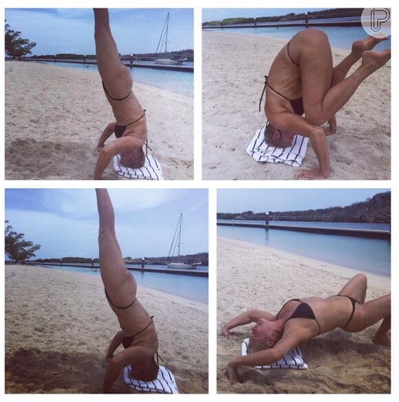 A apresentadora Xuxa Meneghel virou assunto na imprensa internacional depois que postou uma montagem tentando fazendo poses de ioga na praia nesta quarta-feira, 08 de julho de 2015