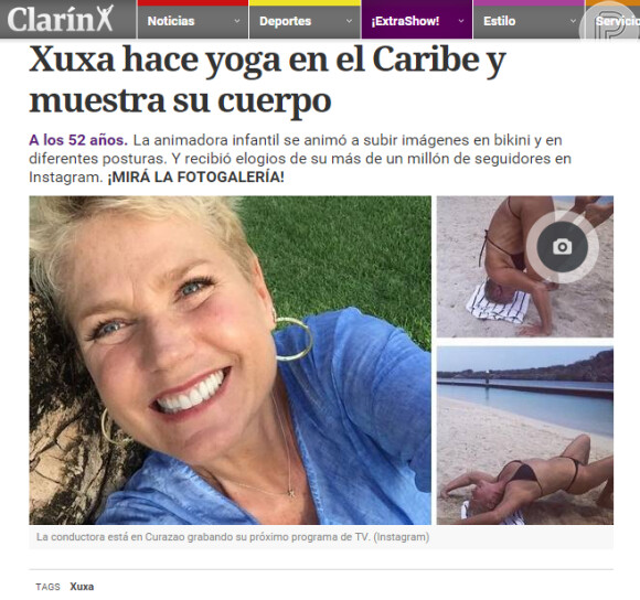 As poses de ioga da Xuxa viram assunto no argentino Clarín, que comentou o quanto a apresentadora é querida por seus seguidores que a elogiaram