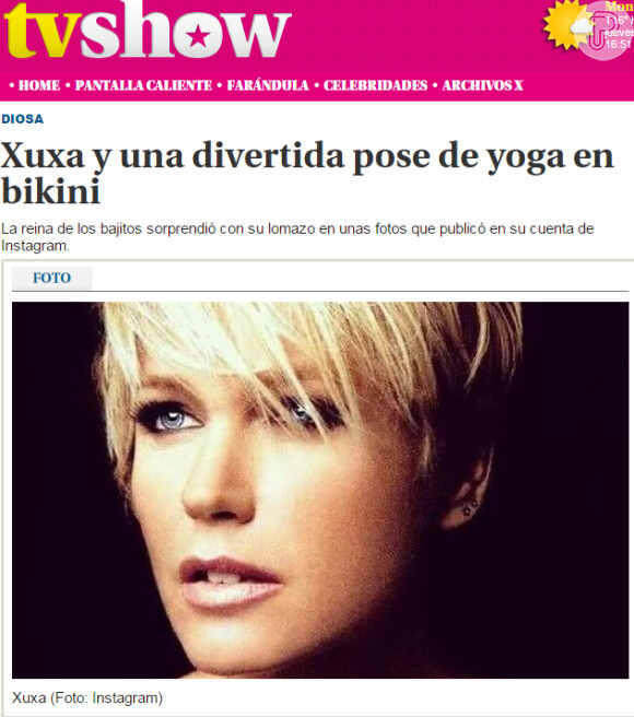 O uruguaio "TV Show" colocou na machete "Xuxa e uma divertida pose de ioga de biquíni"