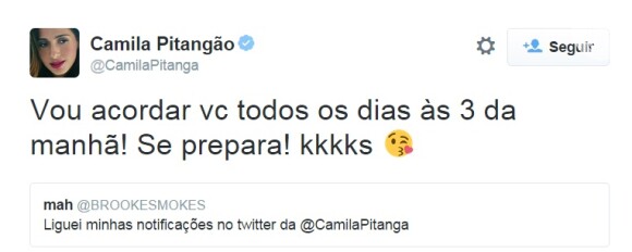 Camila Pitanga respondeu de forma bem-humorada seguidor que afirmou ter ativado as notificações de tweets publicados pela atriz
