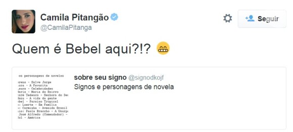 No post dos signos, Camila Pitanga brincou ao pe4rguntar 'Quem é Bebel aqui?', sua personagem que era uma garota de programa