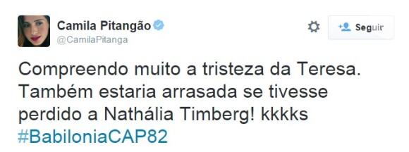 Camila Pitanga comentou no Twitter a cena da novela 'Babilônia' na qual Teresa (Fernanda Montenegro) e Estela (Nathalia Timberg) colocaram, de forma temporária, ponto final no relacionamento