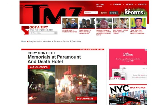 Cory Monteith está recebendo homenagens de fãs na porta do hotel que foi encontrado morto, no Canada, e na porta da Paramount Pictures, em Los Angeles