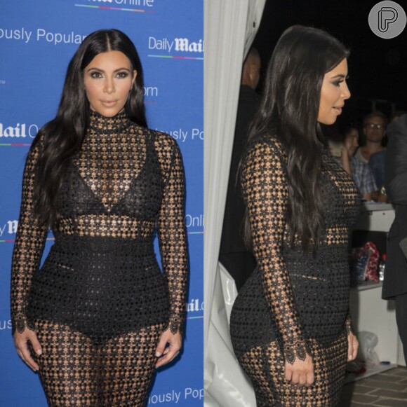 Aos seis meses de gestação, Kim Kardashian gosta de evidenciar sua silhueta usando vestidos transparentes