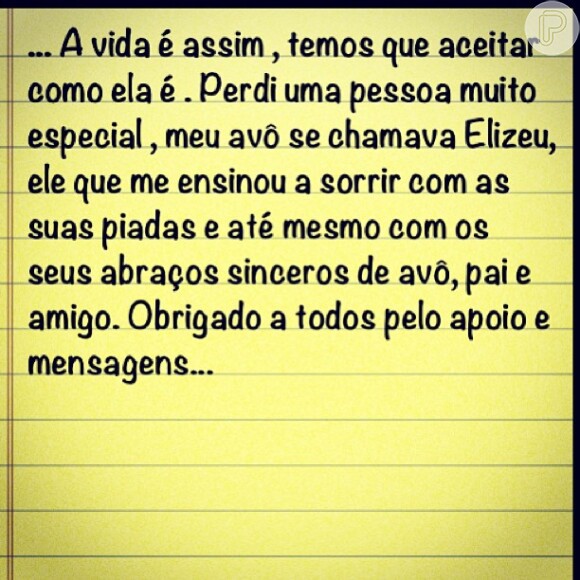 Alexandre Pato escreve nesta sexta-feira, 2 de agosto de 2013, uma mensagem agradecendo aos fãs pela suporte na morte de seu avô