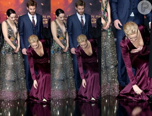 Jennifer Lawrence se atrapalhou ao prender uma rosa na lapela da roupa do ator Donald Sutherland e deixou cair no chão. Ao se abaixar para pegar, precisou colocar uma das mãos sobre o decote para não mostrar demais