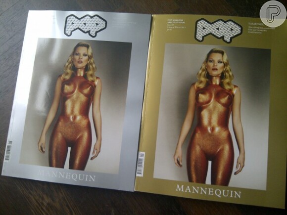 A publicação trouxe dois tipos de capas com Kate Moss, que na foto aparece vestida como um manequim