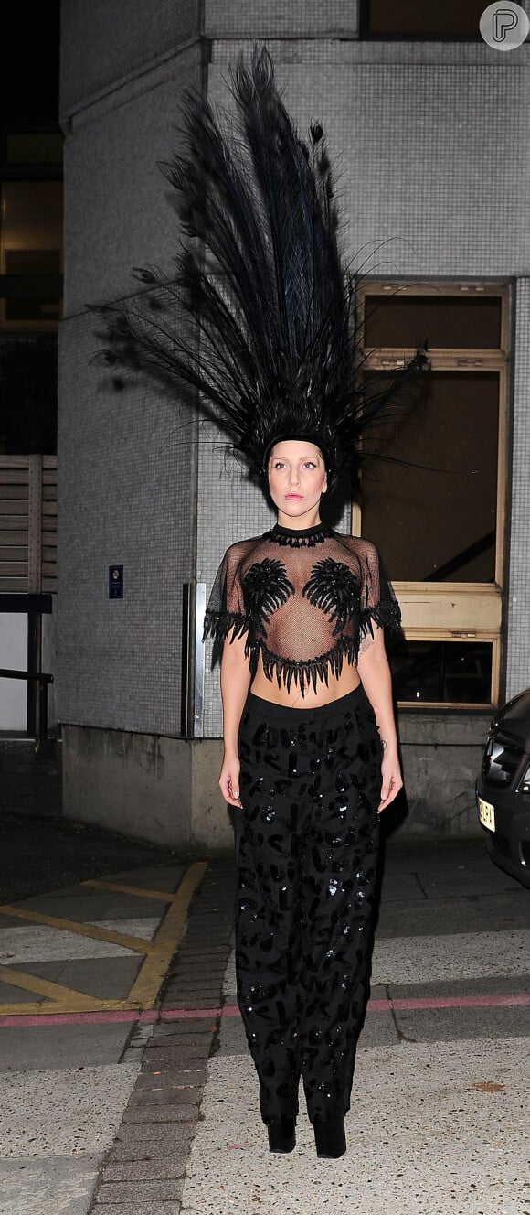 Lady Gaga usou um acessório de penas na cabeça, assinado por Louis Vuitton, com o comprimento aproximado de metade de sua altura. O look, que contou com blusa transparente, tapando os seios também com penas, foi usado em Londres, no dia 29 de outubro de 2013