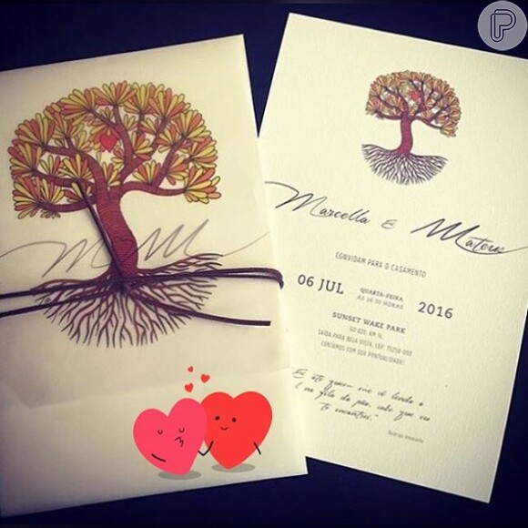 No convite do casamento, Mateus, da dupla com Jorge, e Marcela Barra colocaram suas iniciais e a ilustração de uma árvore