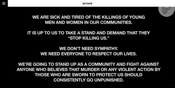 Beyoncé postou um comunicado em seu site oficial: 'Estamos cansados de mortes de jovens homens e mulheres em nossa comunidade'