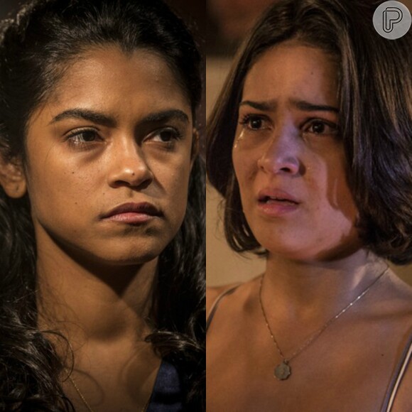 Luzia (Lucy Alves) acusa Olívia (Giullia Buscacio) que querer tirar Santo (Domingos Montagner) dela, na novela 'Velho Chico', em julho de 2016