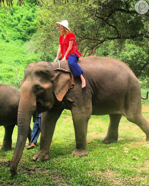 Marina Ruy Barbosa também brincou com os elefantes e andou em cima de um deles durante o passeio turístico