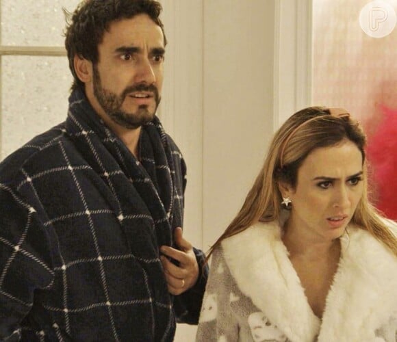 Fedora (Tatá Werneck) tenta se jogar da janela, mas Leozinho (Gabriel Godoy) e Lucrécia (Claudia Jimenez) a impedem, na novela 'Haja Coração'