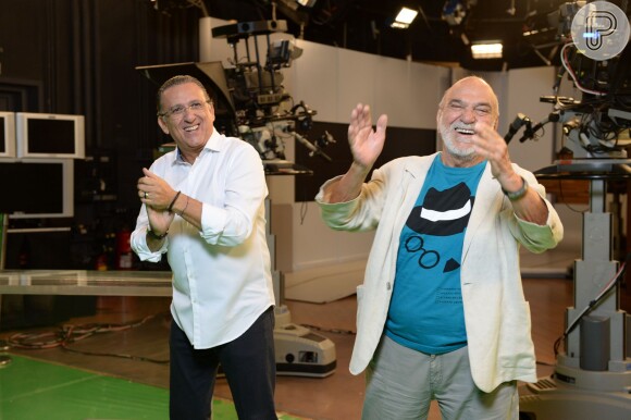 Galvão Bueno e Lima Duarte na gravação da campanha de final de ano da TV Globo