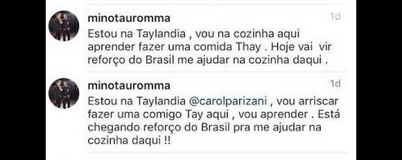 Minotauro anunciou em seu perfil no Instagram que iria cozinhar. Alguém comentou e ele disse que teria 'um reforço chegando do Brasil'