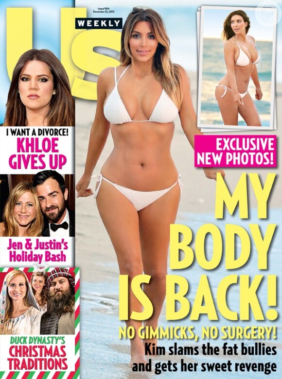 Kim Kardashian aparece de biquíni branco na capa da revista 'US Weekly', em 11 de dezembro de 2013