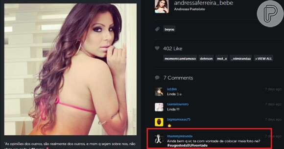 Thammy Miranda comenta em foto de Andressa Ferreira: 'Ainda bem que você está com vontade de colocar meia foto né?'